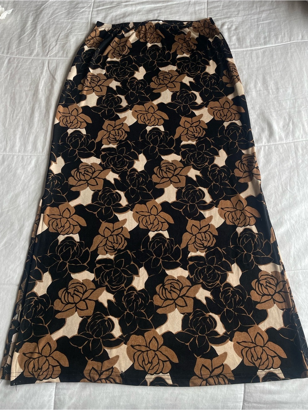 Vintage 90s Black Tan Floral Slinky Maxi Skirt Medium Whimsigoth Dark Romantic